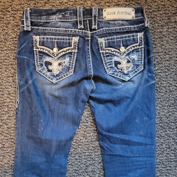 Rock Revival Fay Easy Boot Distressed Jeans Size 27 Rhinestone Pocket Bling - Picture 3 of 13